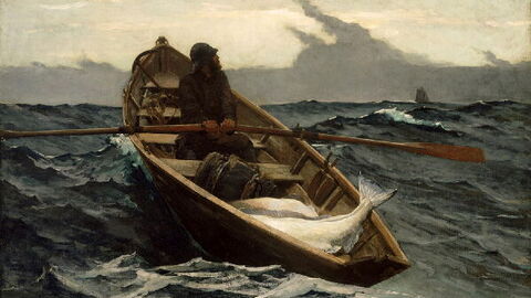 Pintura del pescador en su barca