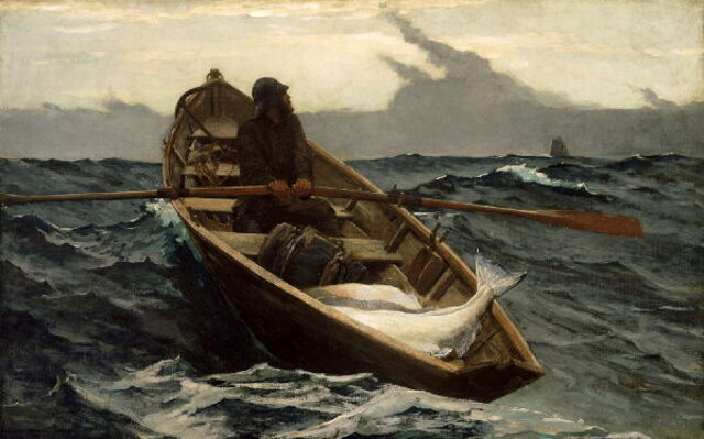 Pintura del pescador en su barca