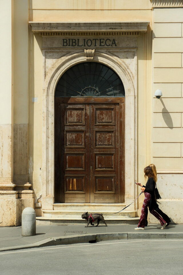 Pasear a un perro por una ciudad italiana