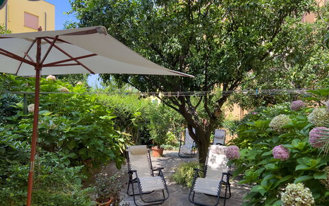 Casa Mary - Levanto: Verde, Mueble, Paraguas, Mueble Para Exteriores, Arbusto, Silla, Maceta, Jardín, Sombra