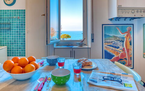 Apartment Mare Bello - Levanto: Azul, Habitación, Turquesa, Propiedad, Naranja, Agua, Azur, Diseño De Interiores, Mesa, Casa