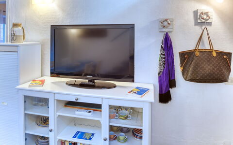 Appartamento Ivana - Levanto: Habitación, Dispositivo Electronico, Set De Televisión, Pared, Estantería, Estante, Monitor De Pantalla Plana, Lavanda