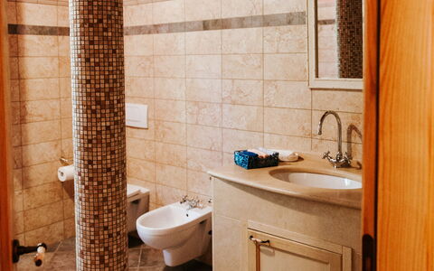 Villa Millefiori: Marrón, Lavabo, Gabinetes, Grifo, Arreglo De Tubería, Mueble De Baño, Edificio, Baño, Madera, Diseño De Interiores