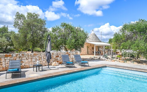 Trullo Ulivo: Agua, Nube, Planta, Cielo, Propiedad, Mueble, Piscina, Azul, Azur, Árbol