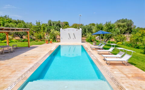 Villa Del Capitolo Con Trullo: Agua, Planta, Cielo, Piscina, Azur, Árbol, Mueble Para Exteriores, Sombra, Ocio, Bienes Raíces
