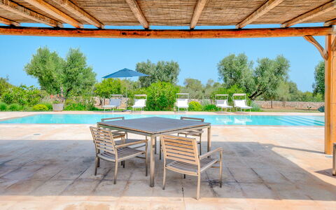 Villa Del Capitolo Con Trullo: Mesa, Mueble, Planta, Silla, Sombra, Diseño De Interiores, Cielo, Piscina, Mueble Para Exteriores, Edificio