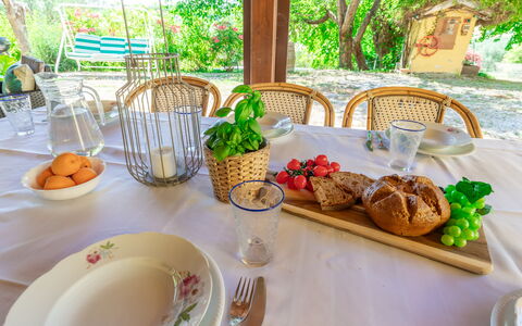 Villa La Pagliarina: Comida, Vajilla, Verde, Mesa, Vajilla, Planta, Plato, Textil, Diseño De Interiores, Madera