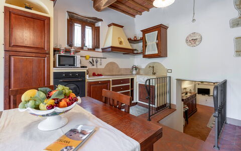 Chiara House In Galenda, Chianti, Pool And Nature: Mesa, Mueble, Gabinetes, Propiedad, Mostrador, Madera, Diseño De Interiores, Silla, Cocina, Vajilla