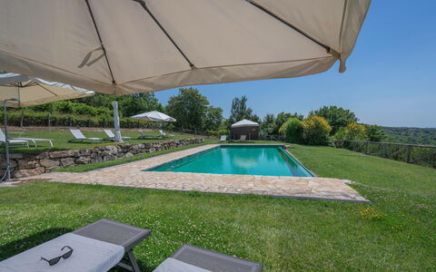 Chiara House In Galenda, Chianti, Pool And Nature: Propiedad, Planta, Agua, Edificio, Sombra, Mueble Para Exteriores, Piscina, Paraguas, Cielo, Rectángulo
