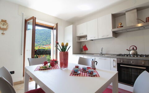 Apartment With Garden, Del Corlo Lake, Belluno: Mesa, Gabinetes, Propiedad, Mueble, Mostrador, Planta, Cocina, Diseño De Interiores, Estufa De Cocina, Suelo