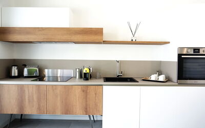 Apartment Selva 1: Gabinetes, Propiedad, Mueble, Mostrador, Cocina, Electrodoméstico, Edificio, Fregadero, Grifo, Madera