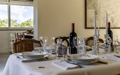 Villa Sparta 8+2: Mueble, Vajilla, Stemware, Diseño De Interiores, Mesa, Drinkware, Manteles, Textil, Comedor, Silla